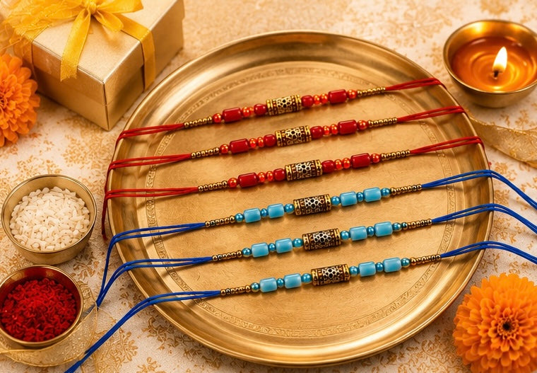 Festoria Premium Rakhi for Brother & chocolates| Handmade Rakhi with Blue & Red Thread | Designer Raksha Bandhan Rakhi 2026| Pack of 6