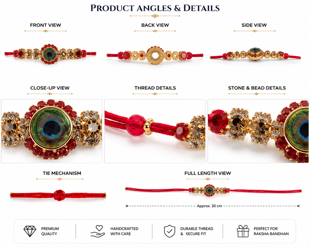 Premium Peacock Designer Rakhi with Red Crystal Stones with greeting card and perfume| Luxury Krishna Rakhi for Brother | Raksha Bandhan 2026
