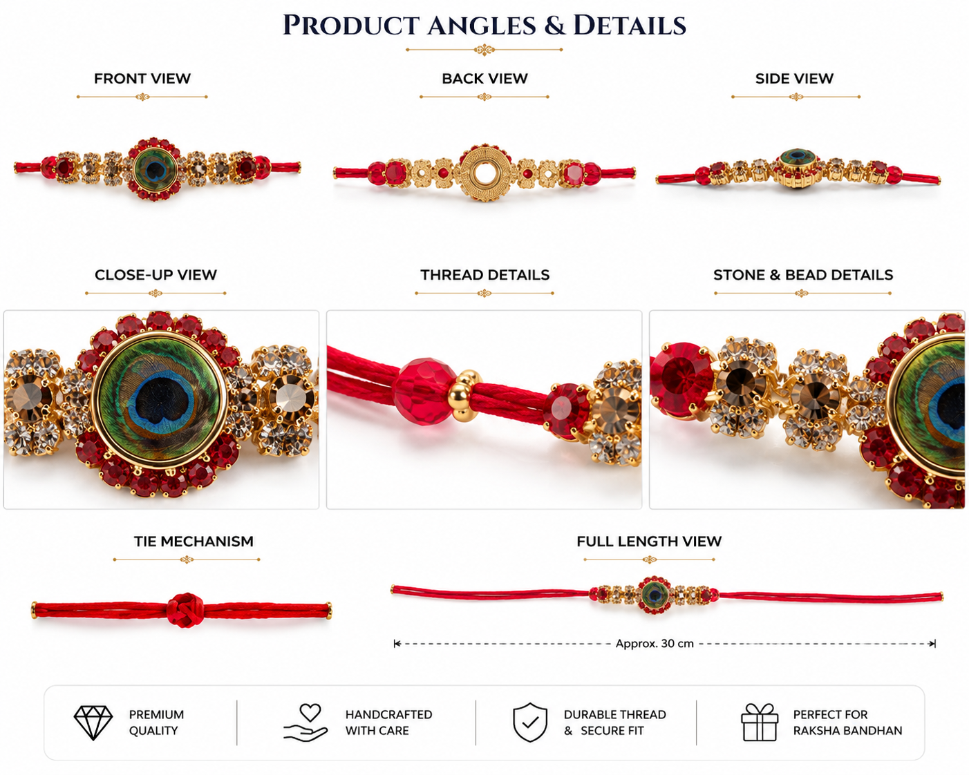 Premium Peacock Designer Rakhi with Red Crystal Stones with greeting card and perfume| Luxury Krishna Rakhi for Brother | Raksha Bandhan 2026