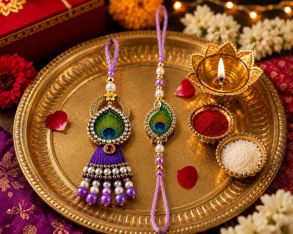 Festoria Premium Peacock Bhaiya Bhabhi Rakhi Set | Designer Krishna Lumba Rakhi for Couples | Raksha Bandhan 2026