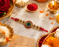 Premium Peacock Designer Rakhi with Red Crystal Stones with greeting card and perfume| Luxury Krishna Rakhi for Brother | Raksha Bandhan 2026