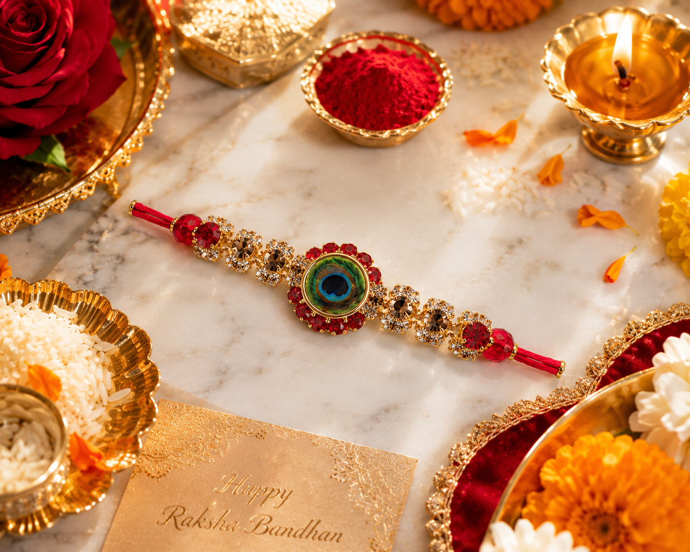 Premium Peacock Designer Rakhi with Red Crystal Stones with greeting card and perfume| Luxury Krishna Rakhi for Brother | Raksha Bandhan 2026