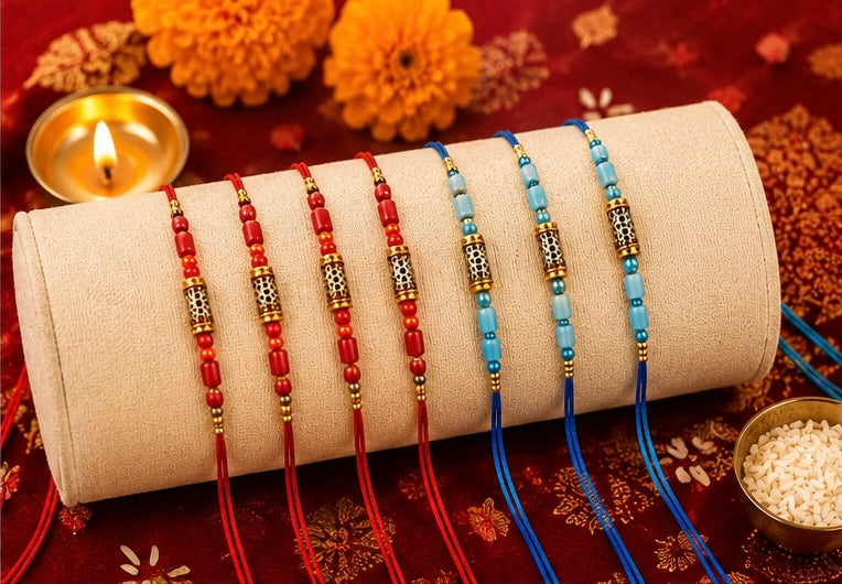 Festoria Premium Rakhi for Brother & chocolates| Handmade Rakhi with Blue & Red Thread | Designer Raksha Bandhan Rakhi 2026| Pack of 6