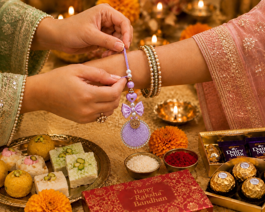 Premium Pink Floral Bhaiya Bhabhi Rakhi Set | Designer Lumba Rakhi for Couples | Raksha Bandhan 2026