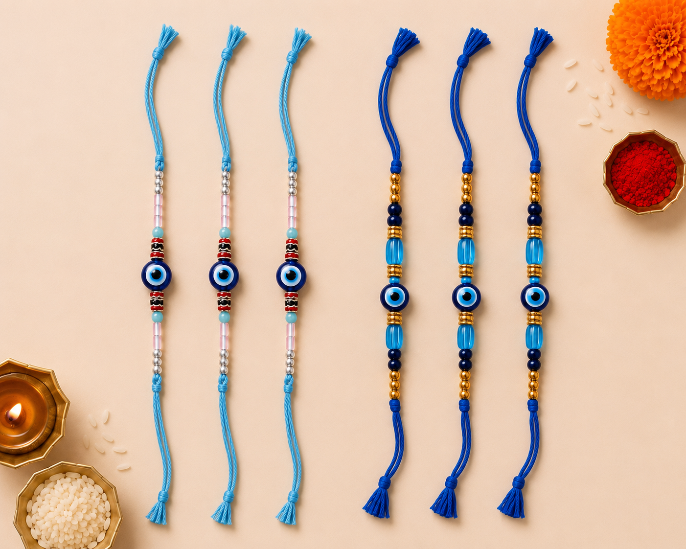 Festoria Premium Evil Eye Rakhi for Brother | Handmade Nazar Rakhi with Blue Thread with Chocolates| Designer Raksha Bandhan Rakhi 2026| Pack of 5