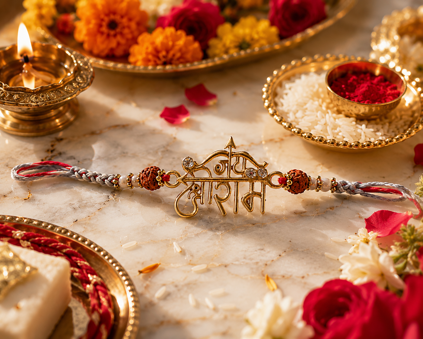 Premium Jai Shree Ram Rakhi with Rudraksha & Pearl Beads with Wild Stone perfume and chocolates| Spiritual Rakhi for Brother | Raksha Bandhan 2026