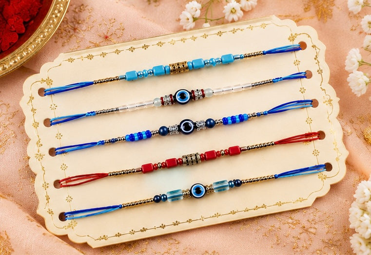 Festoria Premium Combo Rakhi for Brother | Handmade Nazar Rakhi with Blue Thread &  Chocolates | Designer Raksha Bandhan Rakhi 2026| Pack of 5 |