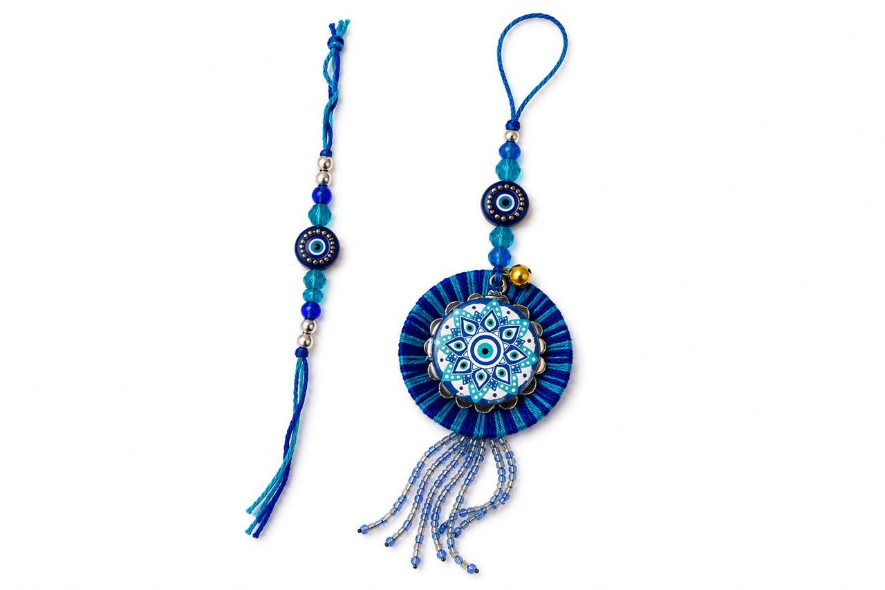 Premium Blue Evil eye Bhai Bhabhi Rakhi Set with Matching Lumba, Denver perfume & chocolates