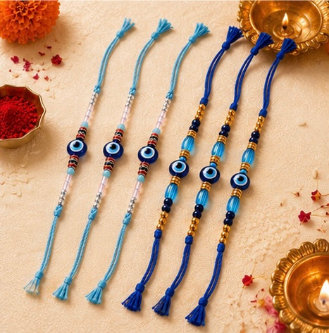 Festoria Premium Evil Eye Rakhi for Brother | Handmade Nazar Rakhi with Blue Thread with Chocolates| Designer Raksha Bandhan Rakhi 2026| Pack of 5