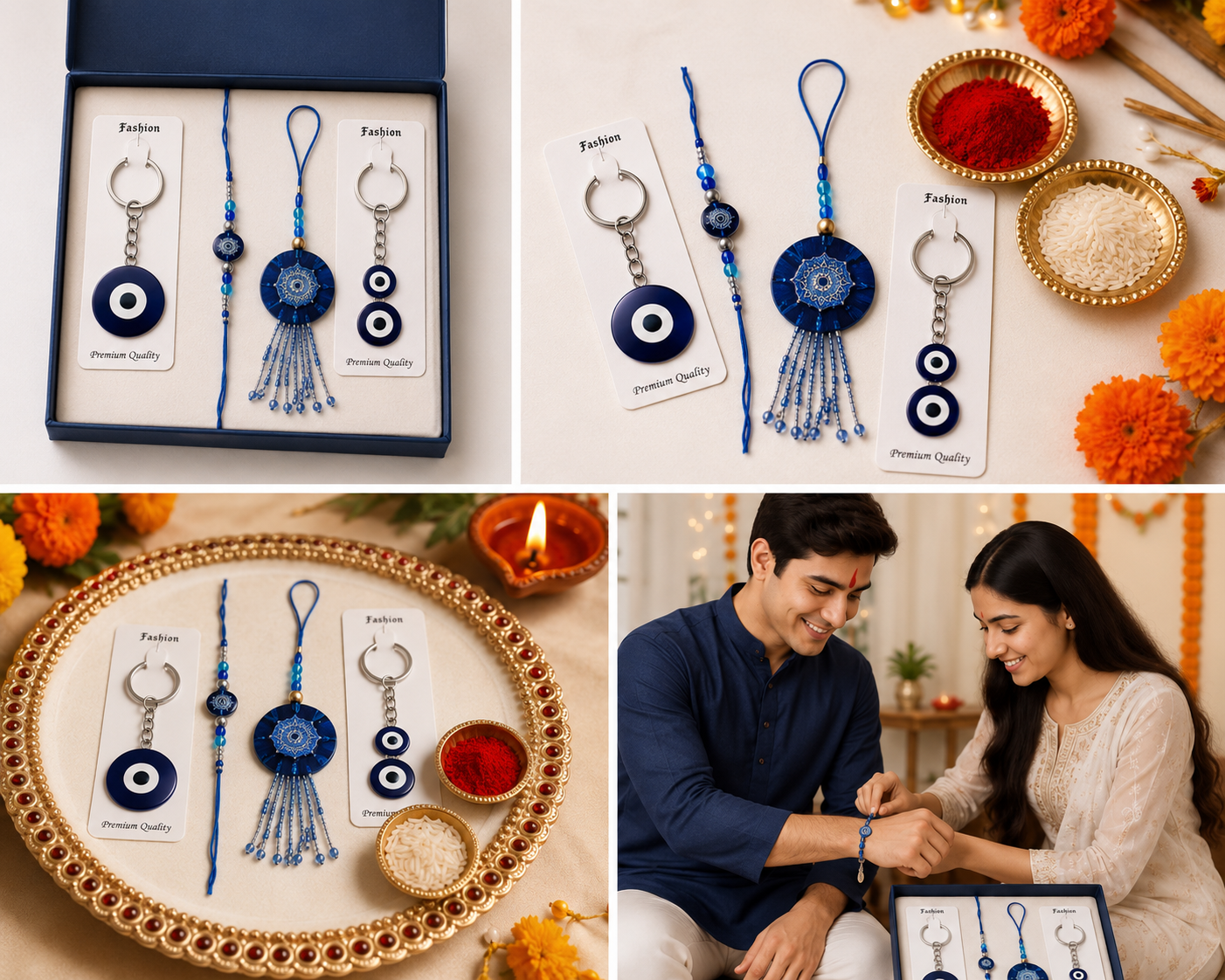 Premium Blue Evil eye Bhai Bhabhi Rakhi Set with Matching Lumba with 2 EVIL EYE Keychain
