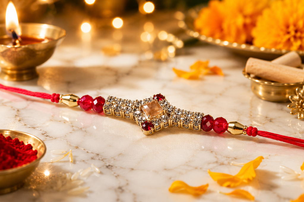 Premium Designer Crystal Stone Rakhi with Red Crystal Beads, greeting card and perfume | Luxury Rakhi for Brother | Raksha Bandhan 2026