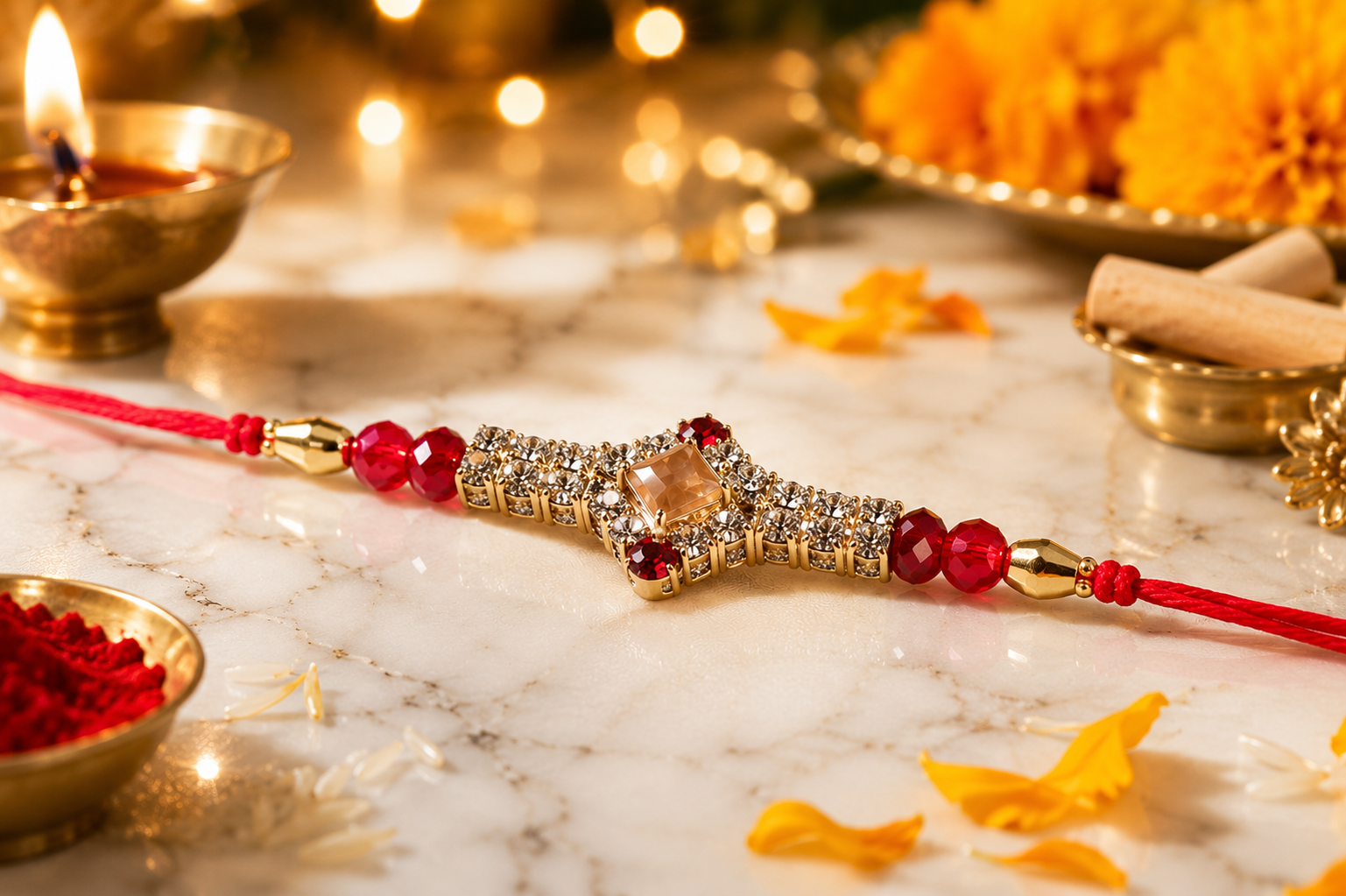 Premium Designer Crystal Stone Rakhi with Red Crystal Beads, greeting card and perfume | Luxury Rakhi for Brother | Raksha Bandhan 2026