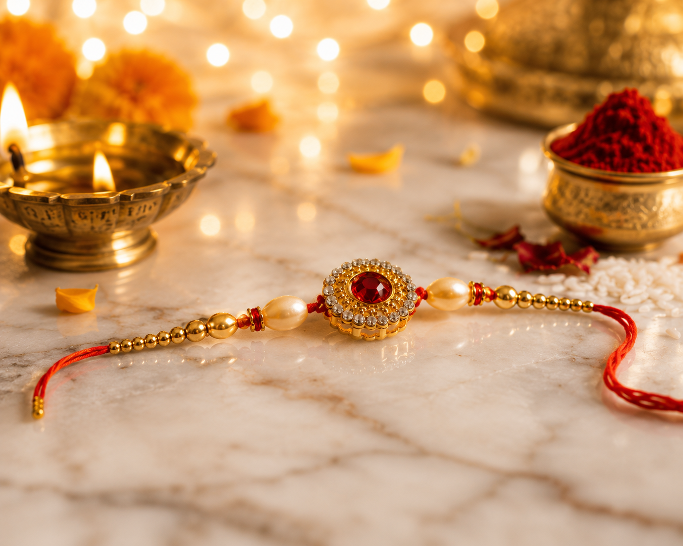 Premium Designer Kundan Rakhi with Red Stone, Pearl & Gold Beads | Luxury Rakhi for Brother | Raksha Bandhan 2026