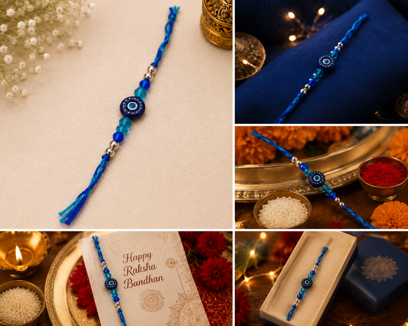 Premium Blue Evil eye Bhai Bhabhi Rakhi Set with Matching Lumba, Denver perfume & chocolates