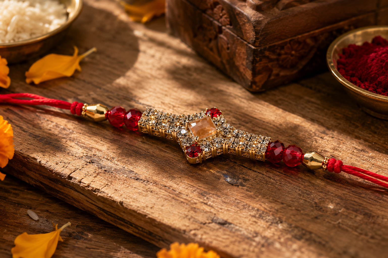 Premium Designer Crystal Stone Rakhi with Red Crystal Beads, greeting card and perfume | Luxury Rakhi for Brother | Raksha Bandhan 2026