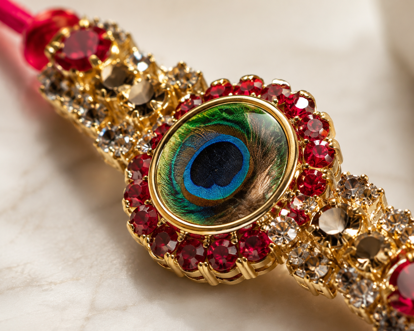 Premium Peacock Designer Rakhi with Red Crystal Stones with greeting card and perfume| Luxury Krishna Rakhi for Brother | Raksha Bandhan 2026
