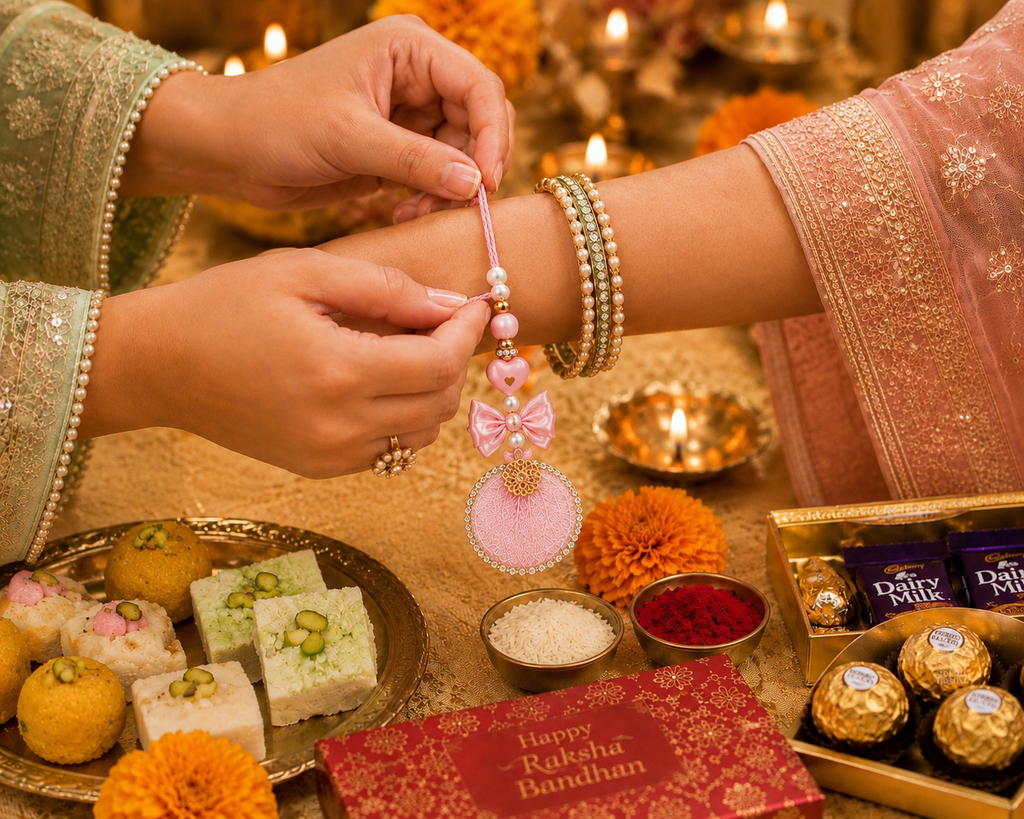 Premium Pink Floral Bhaiya Bhabhi Rakhi Set | Designer Lumba Rakhi for Couples | Raksha Bandhan 2026