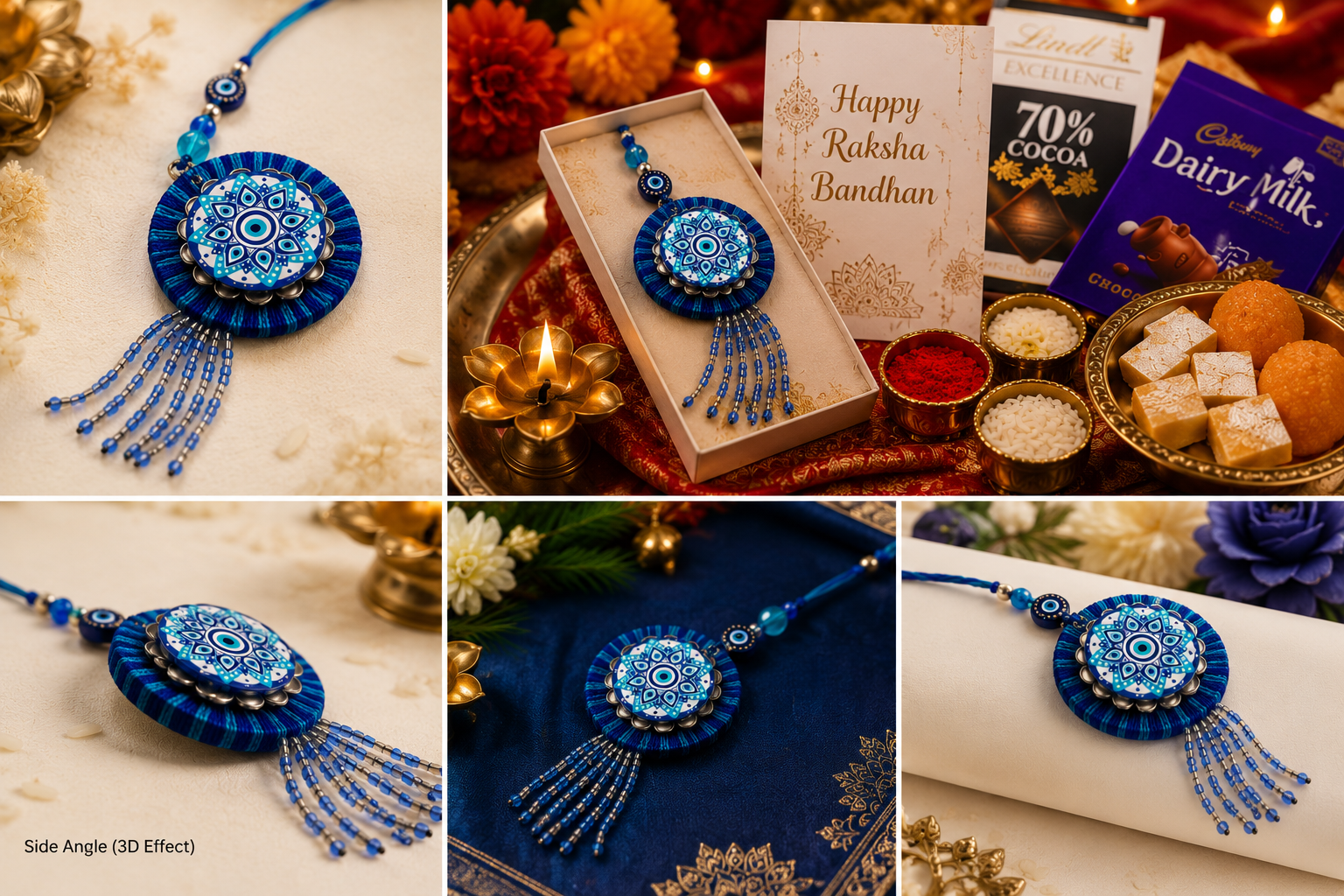 Premium Blue Evil eye Bhai Bhabhi Rakhi Set with Matching Lumba ,Denver Perfume & Chocolates
