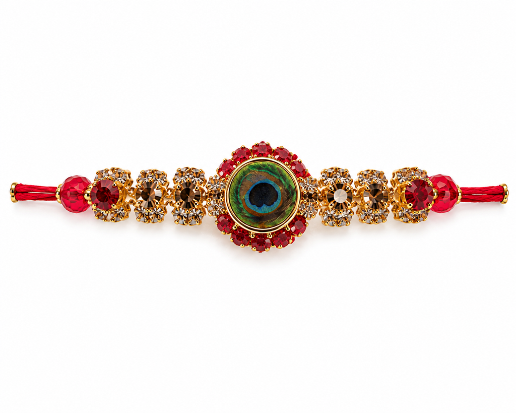 Premium Peacock Designer Rakhi with Red Crystal Stones with greeting card and perfume| Luxury Krishna Rakhi for Brother | Raksha Bandhan 2026