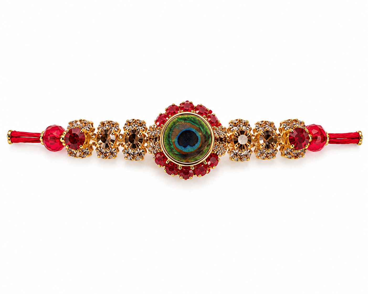 Premium Peacock Designer Rakhi with Red Crystal Stones with greeting card and perfume| Luxury Krishna Rakhi for Brother | Raksha Bandhan 2026