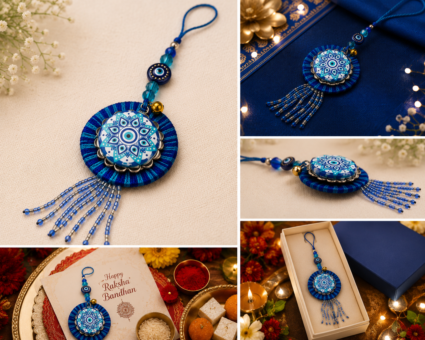 Premium Blue Evil eye Bhai Bhabhi Rakhi Set with Matching Lumba, Denver perfume & chocolates