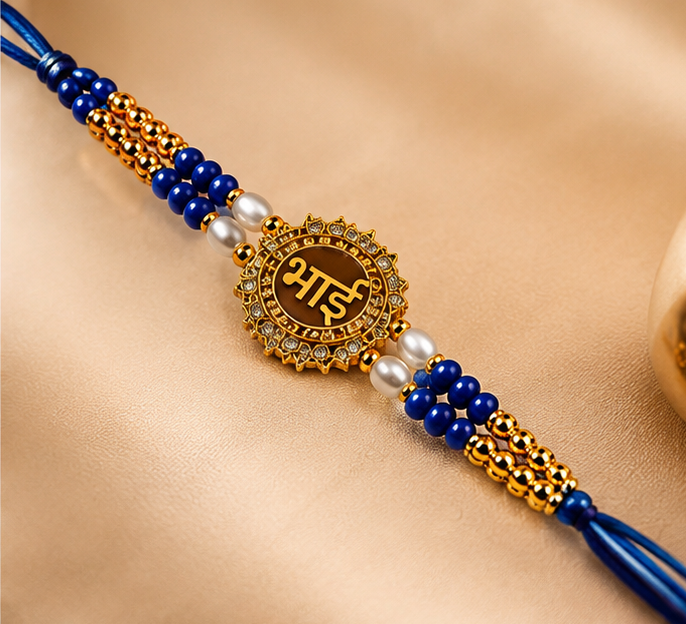 Festoria Premium Bhai Designer Rakhi with Blue Beads & Pearl Accents | Luxury Rakhi for Brother | Raksha Bandhan 2026