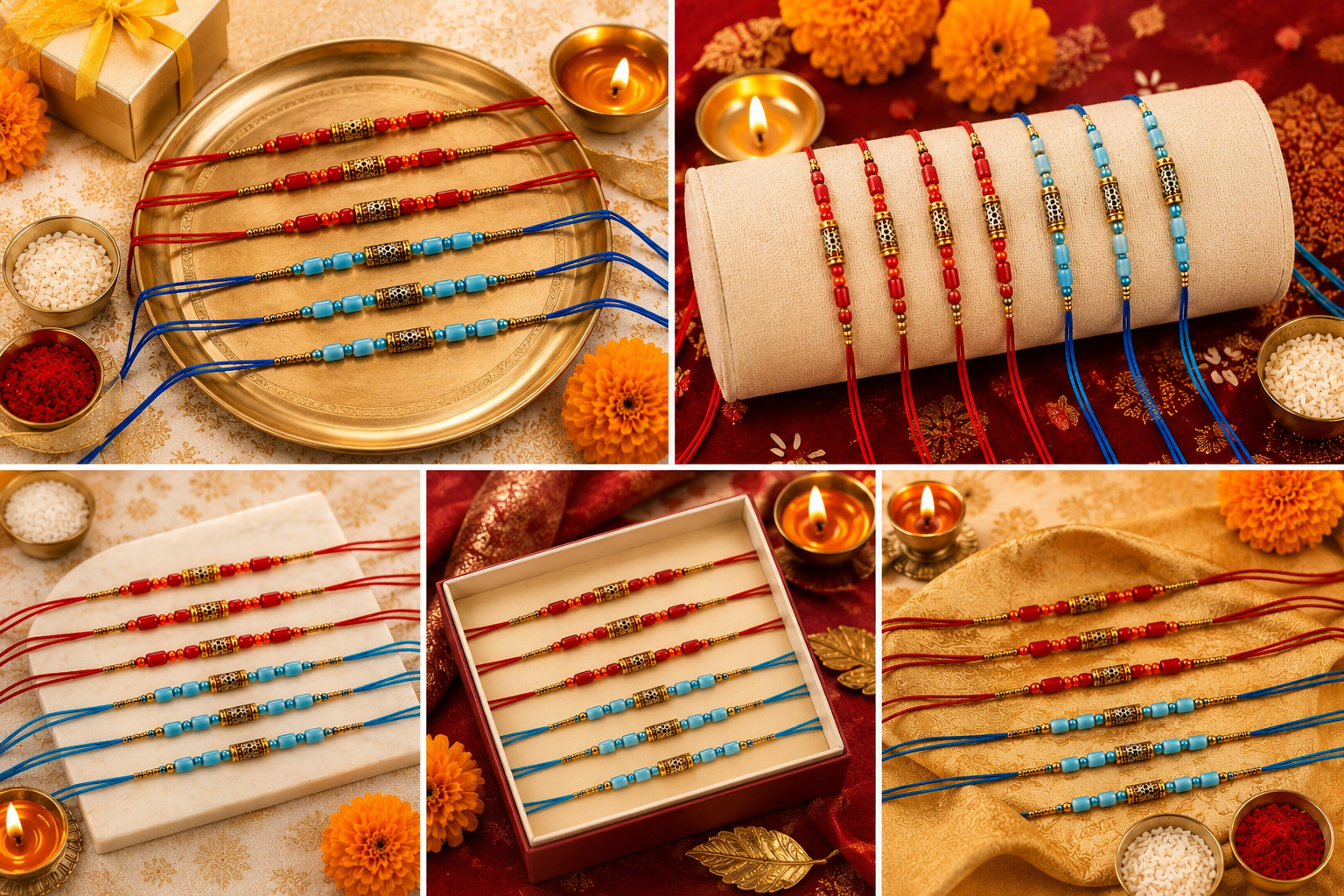 Festoria Premium Rakhi for Brother & chocolates| Handmade Rakhi with Blue & Red Thread | Designer Raksha Bandhan Rakhi 2026| Pack of 6