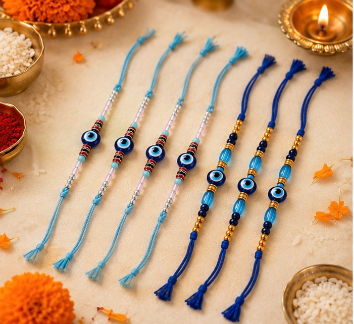 Festoria Premium Evil Eye Rakhi for Brother | Handmade Nazar Rakhi with Blue Thread with Chocolates| Designer Raksha Bandhan Rakhi 2026| Pack of 5
