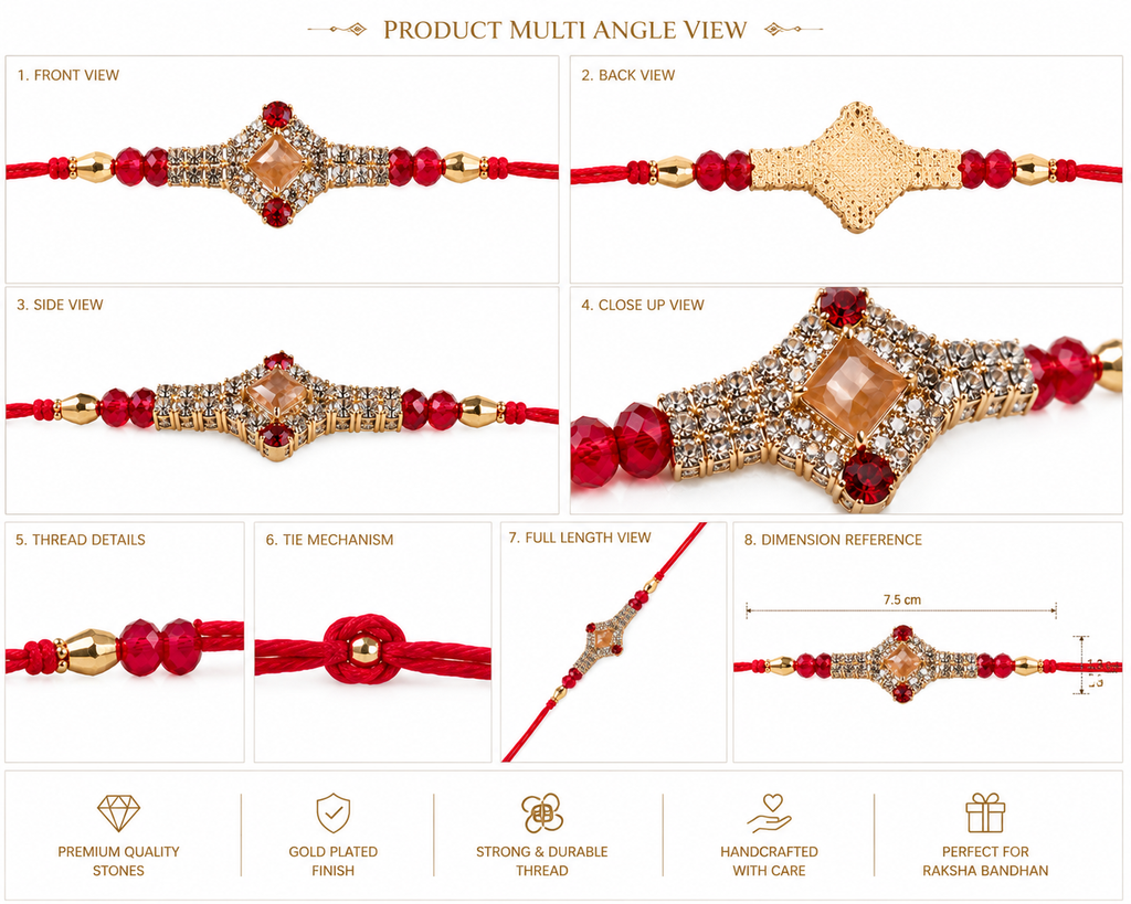 Premium Designer Crystal Stone Rakhi with Red Crystal Beads, greeting card and perfume | Luxury Rakhi for Brother | Raksha Bandhan 2026