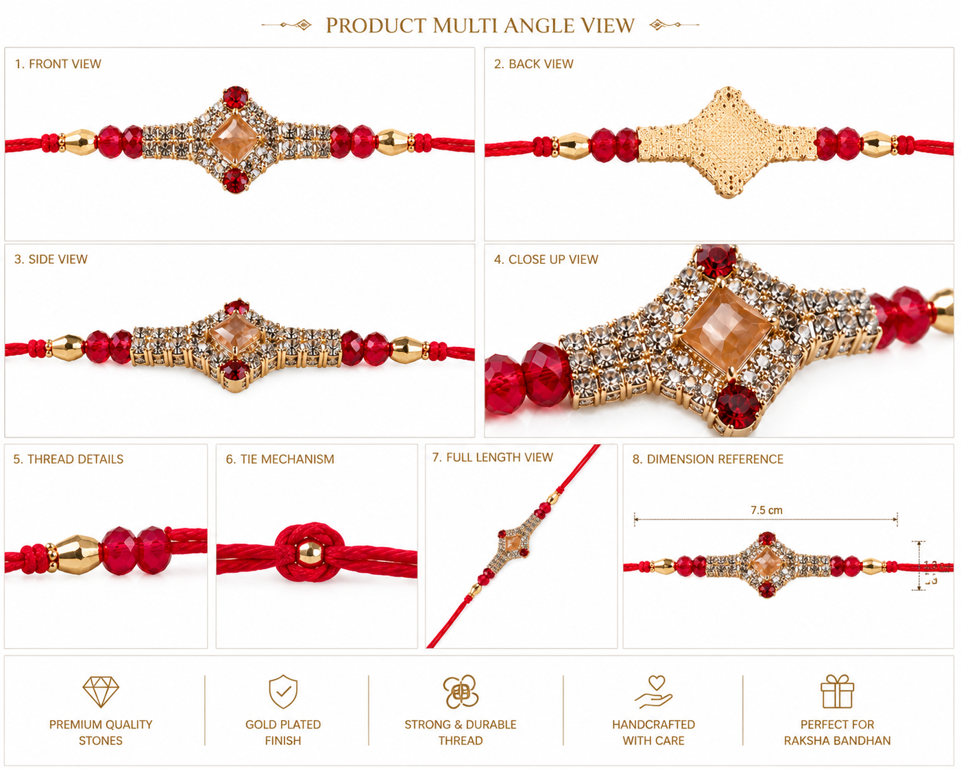 Premium Designer Crystal Stone Rakhi with Red Crystal Beads, greeting card and perfume | Luxury Rakhi for Brother | Raksha Bandhan 2026