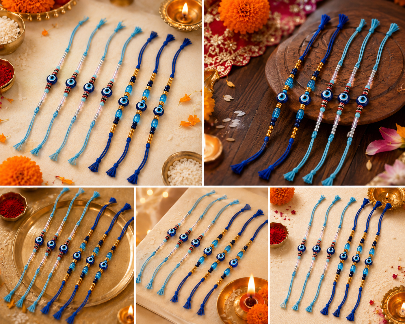Festoria Premium Evil Eye Rakhi for Brother | Handmade Nazar Rakhi with Blue Thread with Chocolates| Designer Raksha Bandhan Rakhi 2026| Pack of 5