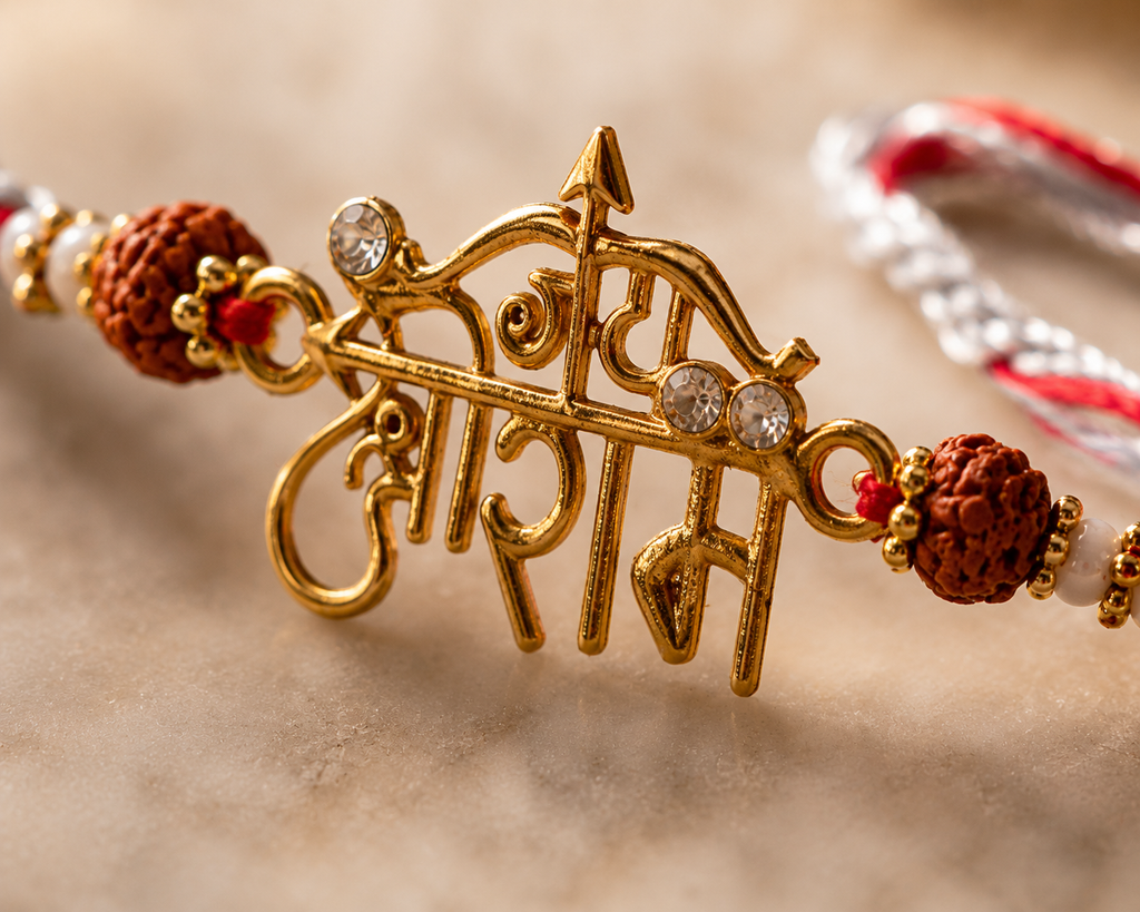 Premium Jai Shree Ram Rakhi with Rudraksha & Pearl Beads with Wild Stone perfume and chocolates| Spiritual Rakhi for Brother | Raksha Bandhan 2026