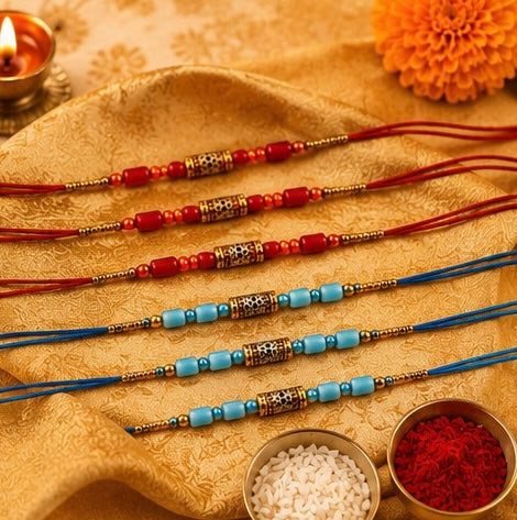 Festoria Premium Rakhi for Brother & chocolates| Handmade Rakhi with Blue & Red Thread | Designer Raksha Bandhan Rakhi 2026| Pack of 6