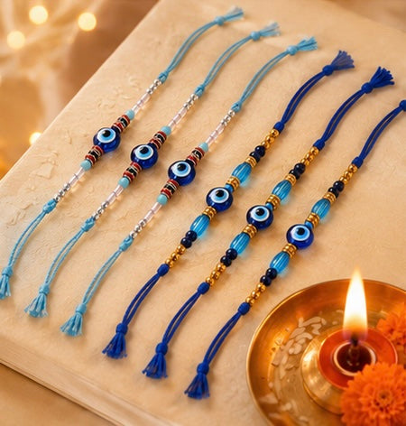 Festoria Premium Evil Eye Rakhi for Brother | Handmade Nazar Rakhi with Blue Thread with Chocolates| Designer Raksha Bandhan Rakhi 2026| Pack of 5