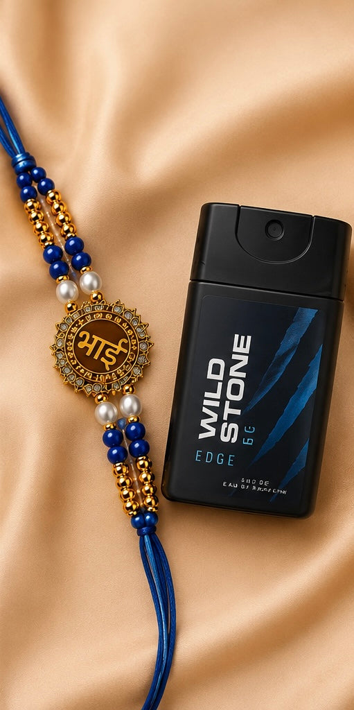 Festoria Premium Bhai Designer Rakhi with Blue Beads & Pearl Accents | Luxury Rakhi for Brother | Wild stone perfume |Raksha Bandhan 2026