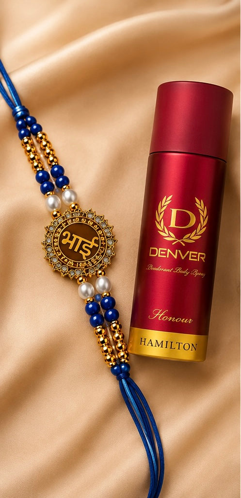 Festoria Premium Bhai Designer Rakhi with Blue Beads & Pearl Accents | Luxury Rakhi for Brother |RED Denver perfume |Raksha Bandhan 2026