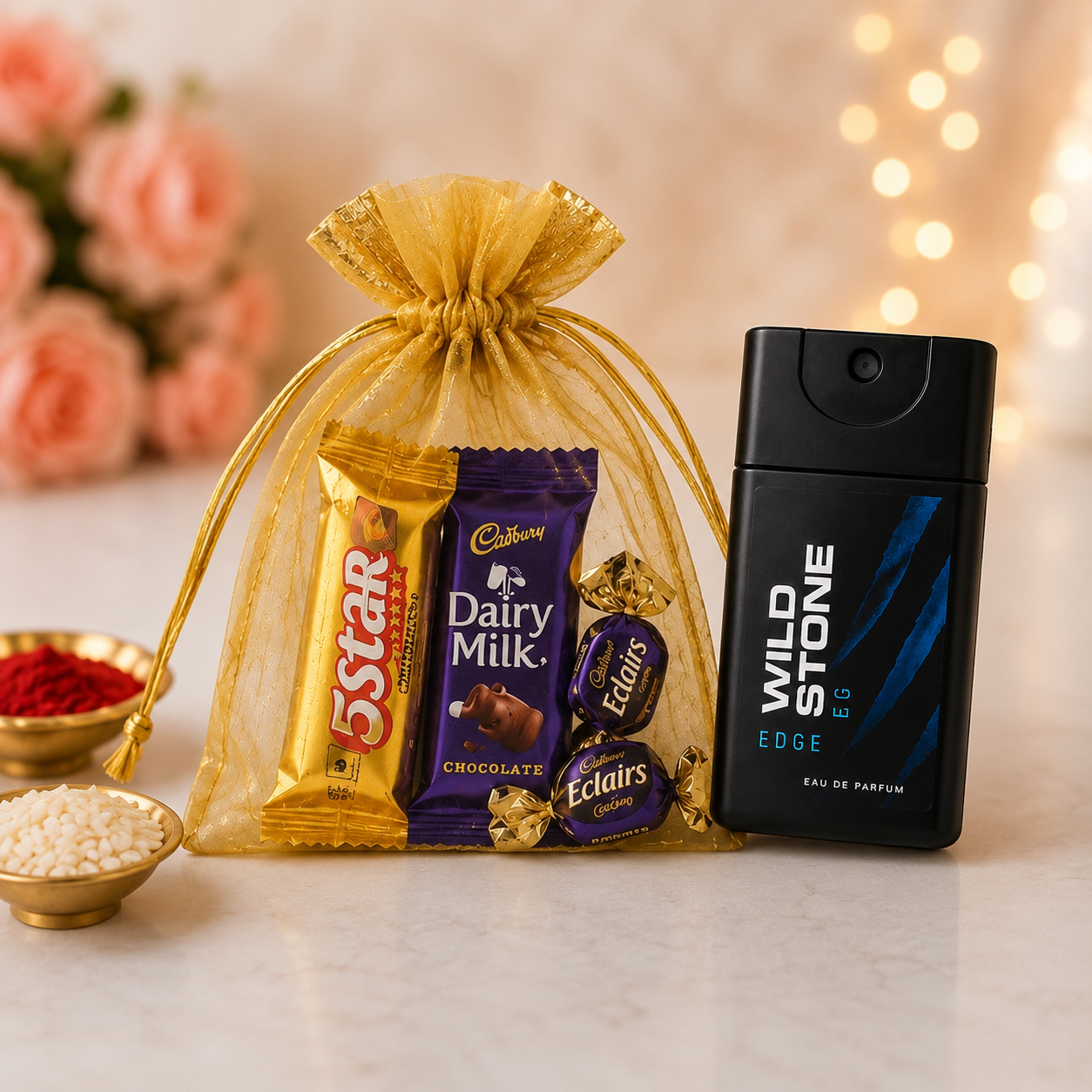 Premium Jai Shree Ram Rakhi with Rudraksha & Pearl Beads with Wild Stone perfume and chocolates| Spiritual Rakhi for Brother | Raksha Bandhan 2026