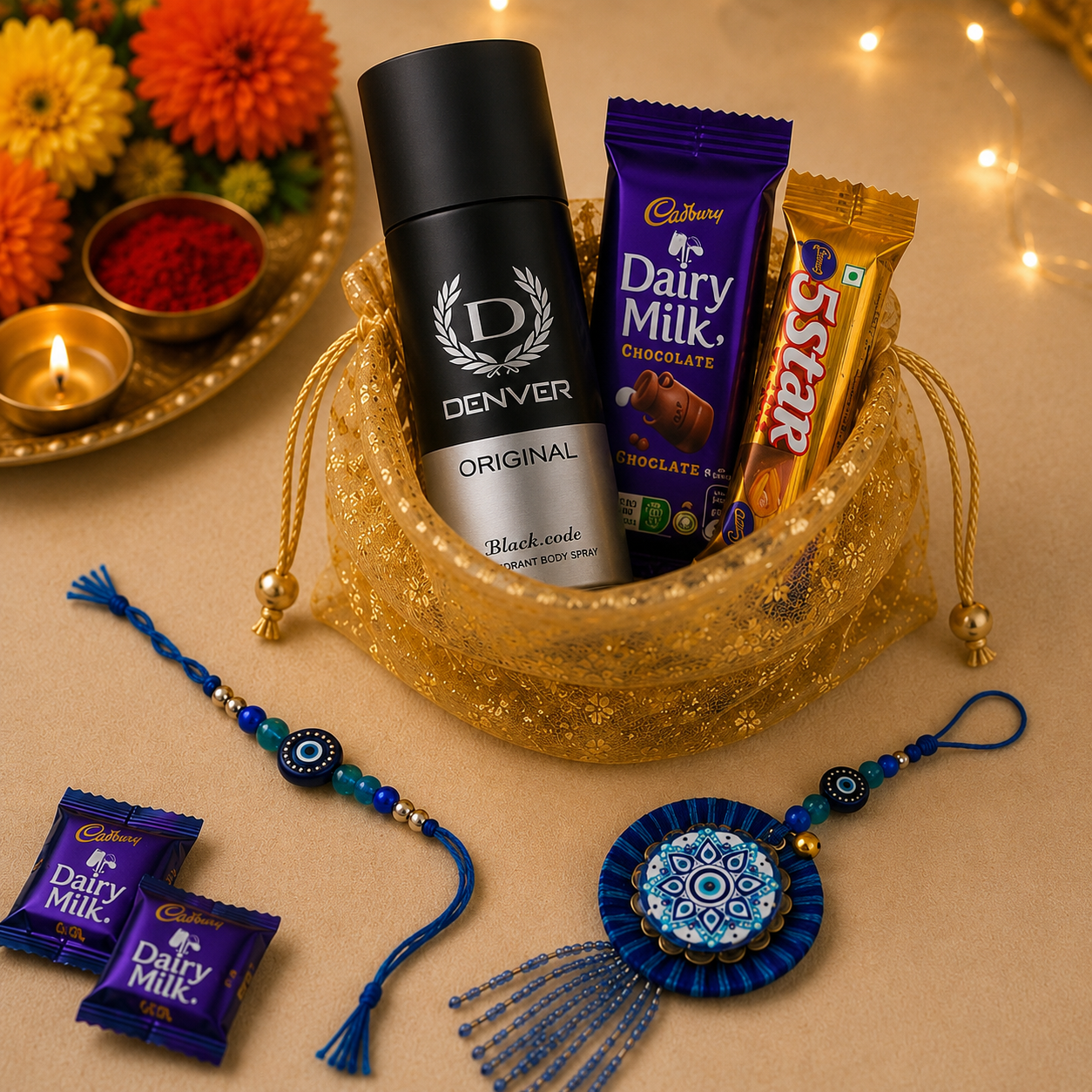 Premium Blue Evil eye Bhai Bhabhi Rakhi Set with Matching Lumba ,Denver Perfume & Chocolates