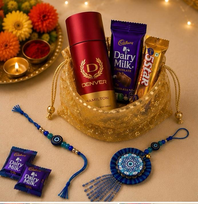 Premium Blue Evil eye Bhai Bhabhi Rakhi Set with Matching Lumba, Denver perfume & chocolates