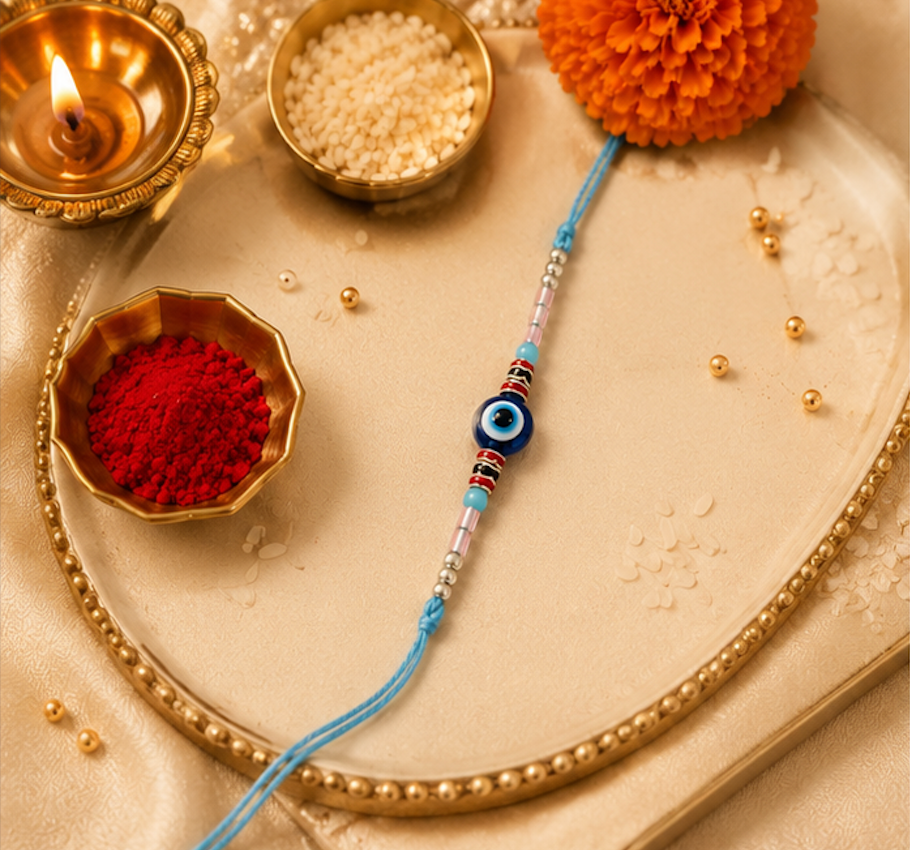 Festoria Premium Evil Eye Rakhi with Sky Blue Thread ,Chocolates & Greeting card| Nazar Protection Designer Rakhi for Brother | Raksha Bandhan 2026