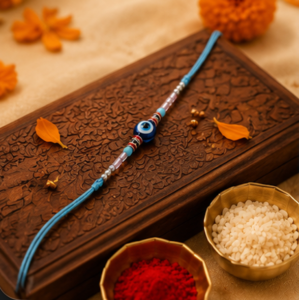 Festoria Premium Evil Eye Rakhi with Sky Blue Thread ,Chocolates & Greeting card| Nazar Protection Designer Rakhi for Brother | Raksha Bandhan 2026