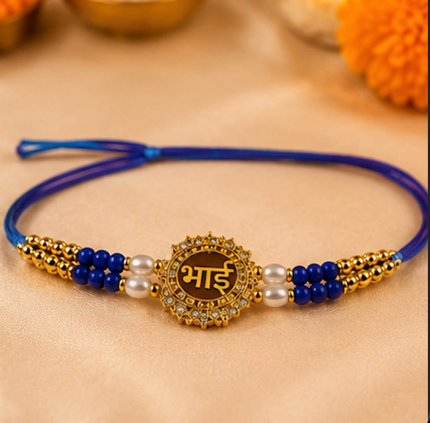 Festoria Premium Bhai Designer Rakhi with Blue Beads & Pearl Accents | Luxury Rakhi for Brother | Raksha Bandhan 2026