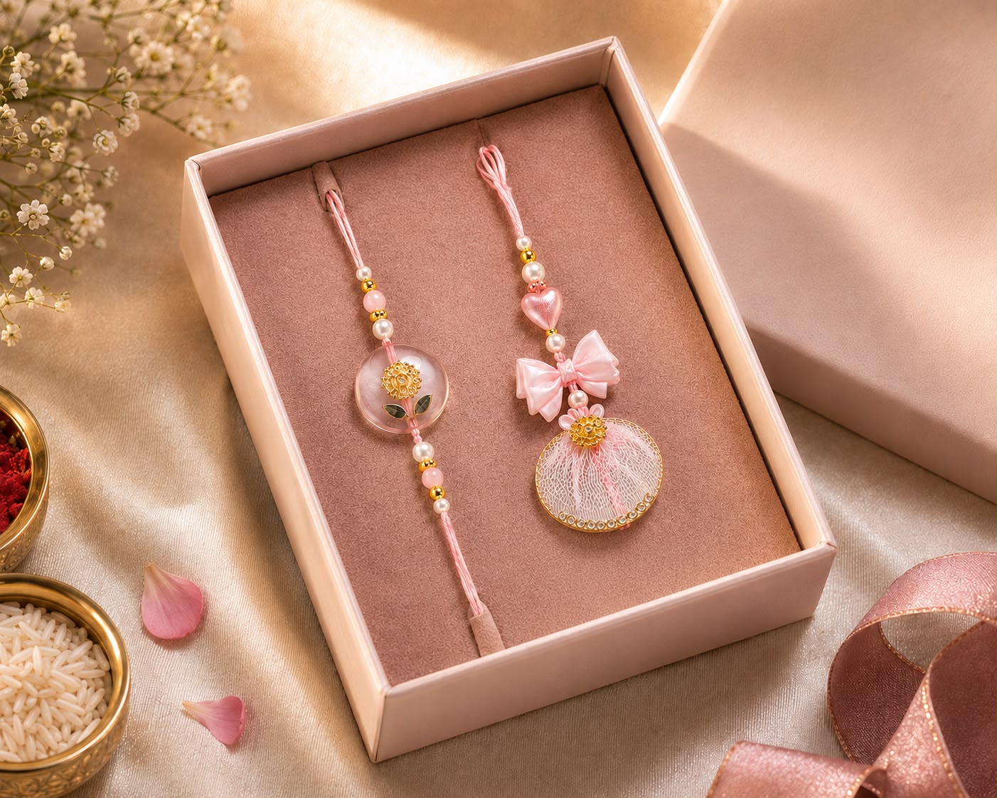 Premium Pink Floral Bhaiya Bhabhi Rakhi Set | Designer Lumba Rakhi for Couples | Raksha Bandhan 2026